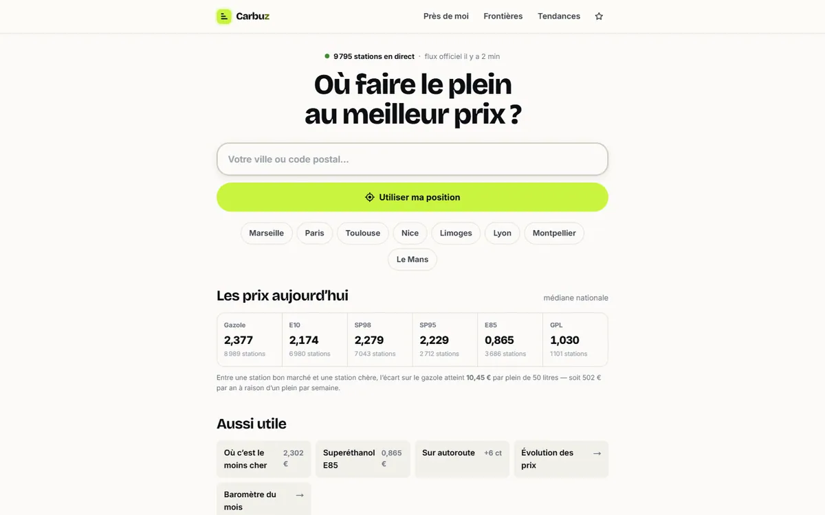 Accueil de Carbuz, comparateur des prix des carburants, sur ordinateur et sur téléphone