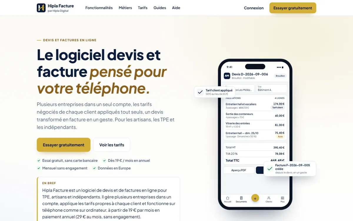 Accueil de Hipla Facture, logiciel de devis et factures, sur ordinateur et sur téléphone