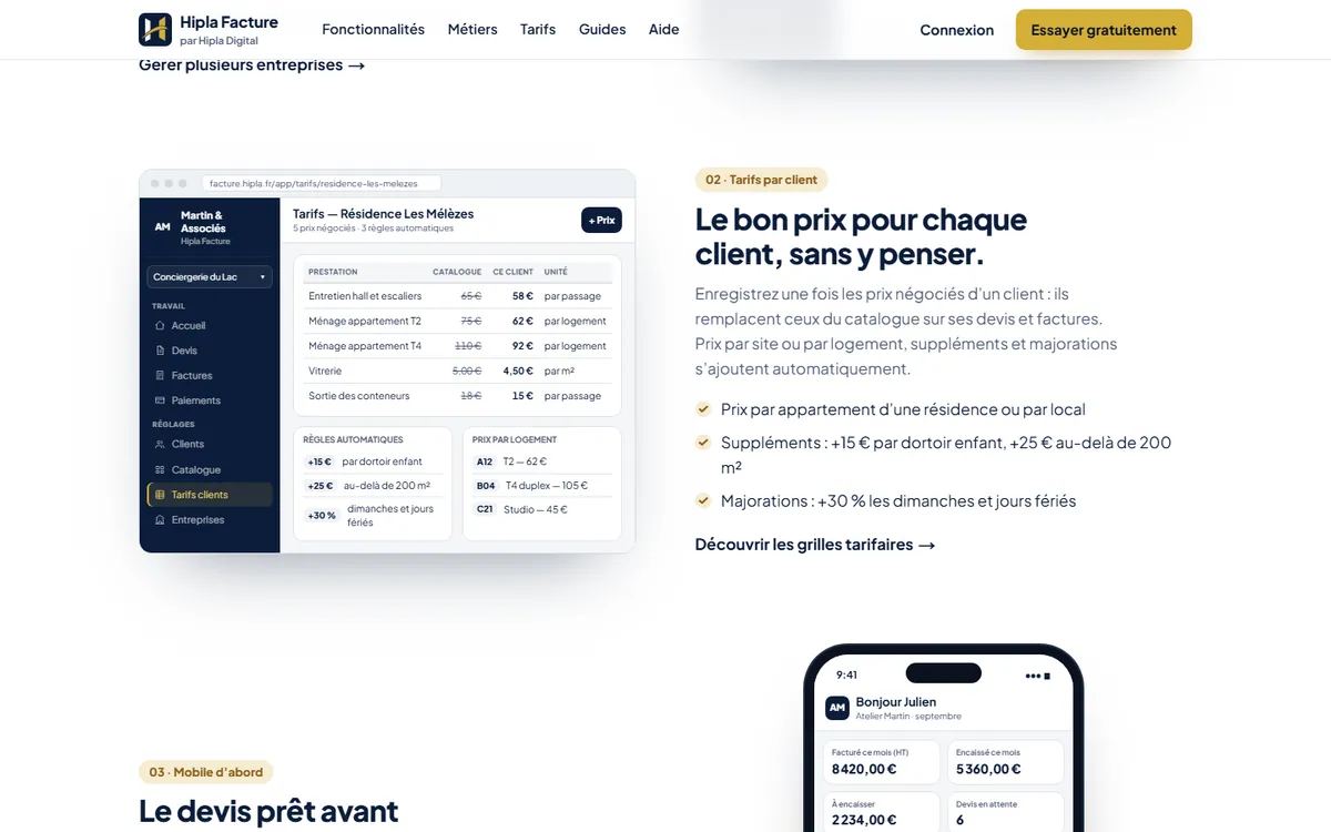 Section « tarifs par client » du site Hipla Facture