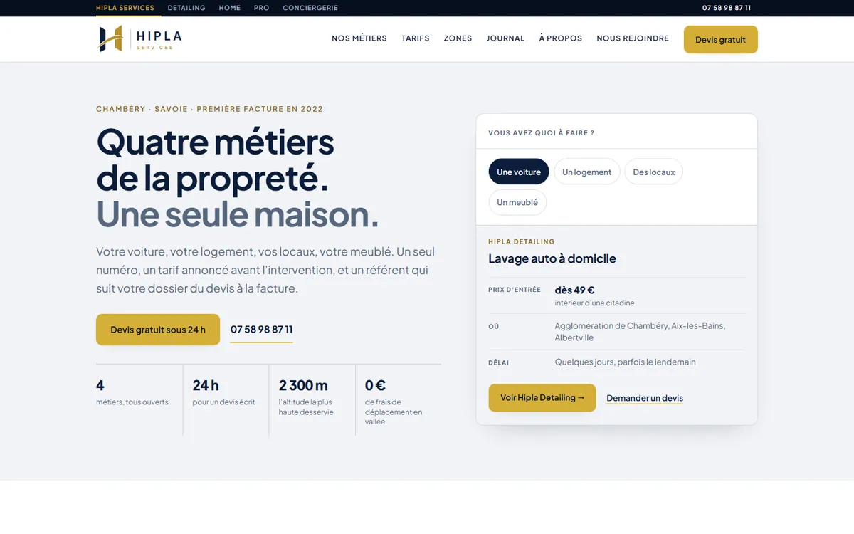 Accueil de Hipla Services, sur ordinateur et sur téléphone