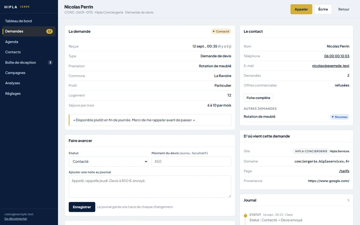 Fiche d’une demande dans Hipla Leads (données de démonstration)